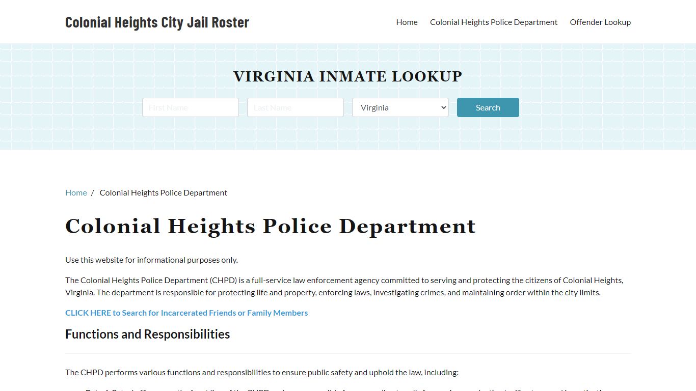 Colonial Heights Police Department, VA Arrest Search, Bookings, Reports