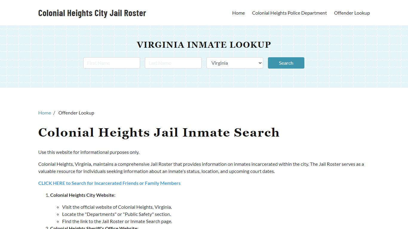 Colonial Heights, VA Detainee Lookup