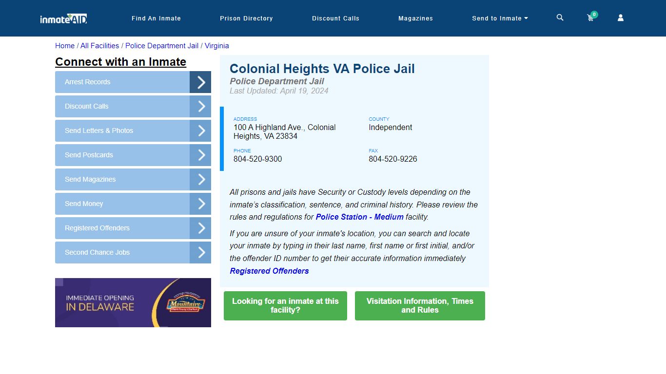 Colonial Heights VA Police Jail - Arrests Warrants - InmateAid